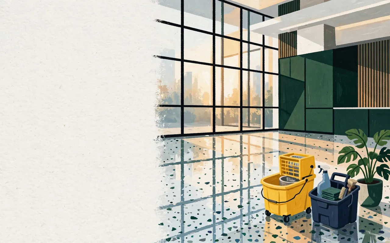 Illustration of a polished modern office lobby with commercial cleaning equipment